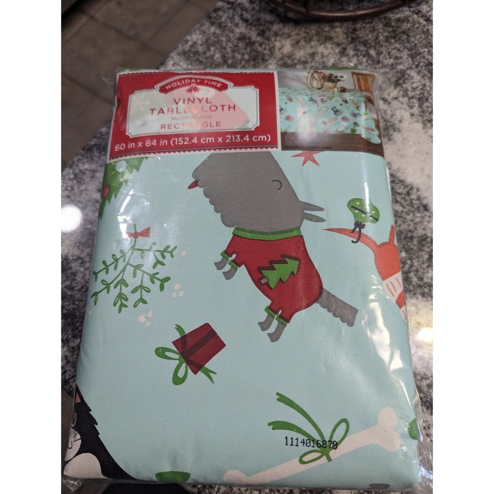 Holiday Time Christmas Pets Dogs Doggy Fun Vinyl Tablecloth Rectangle 60x84 NIP